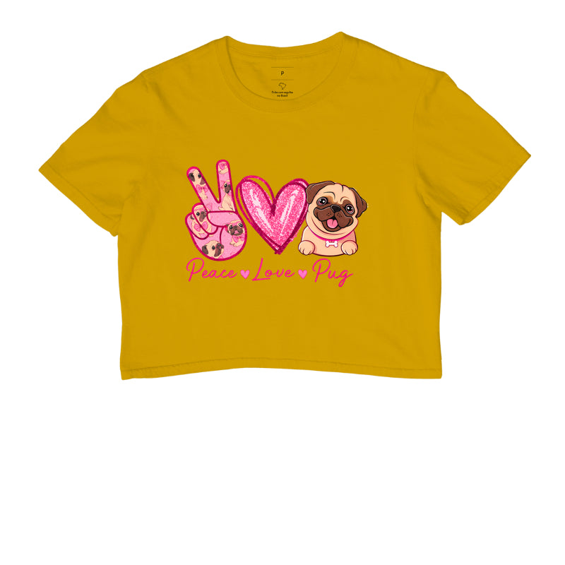 Cropped Peace Love Pug Estampa Fofa de Pug Glitter Rosa Amor por Cachorros