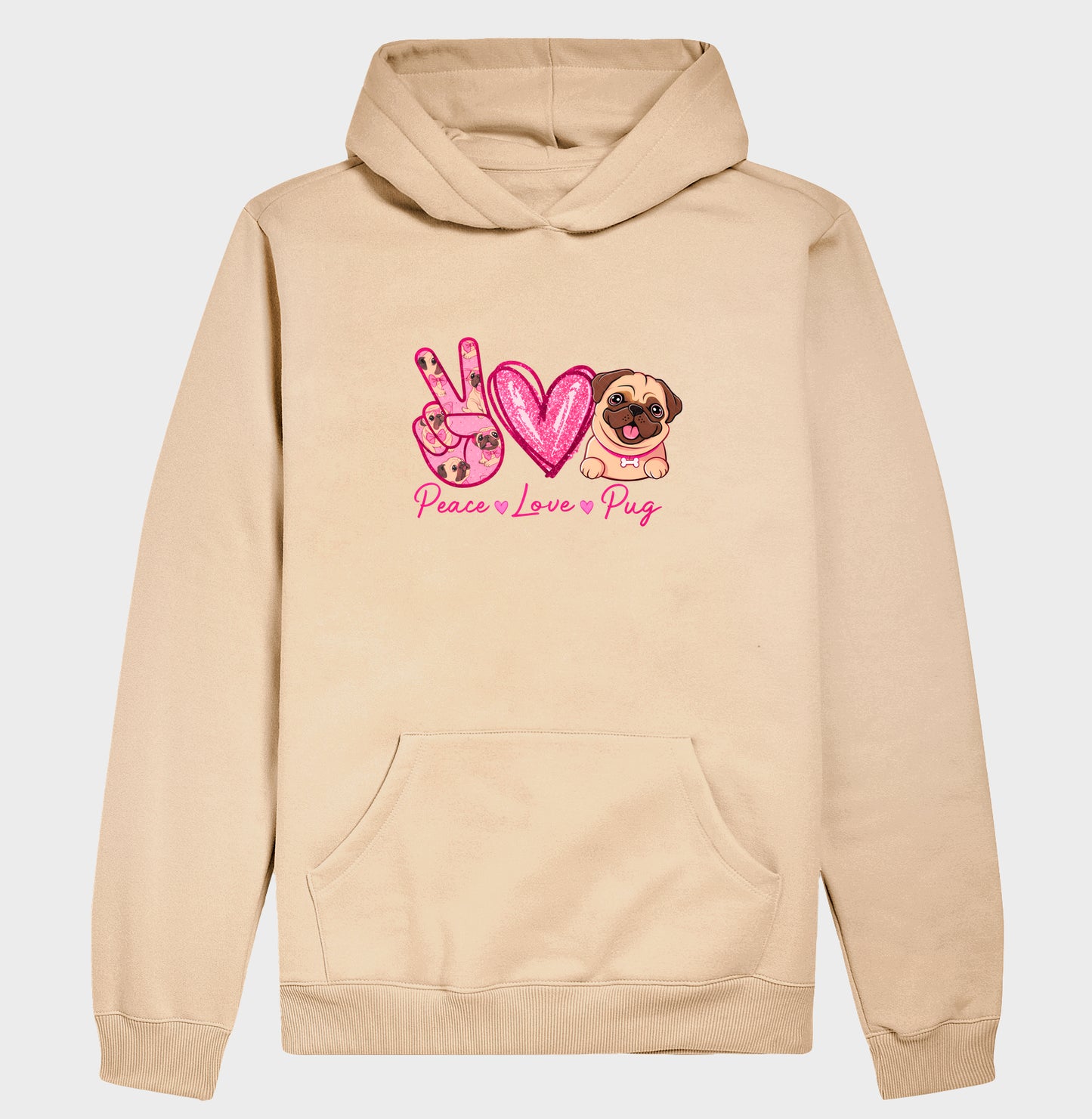 Moletom Hoodie Peace Love Pug Estampa Fofa de Pug Glitter Rosa Amor por Cachorros