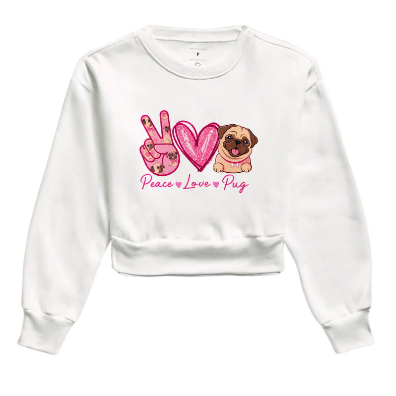 Cropped Moletom Peace Love Pug Estampa Fofa de Pug Glitter Rosa Amor por Cachorros