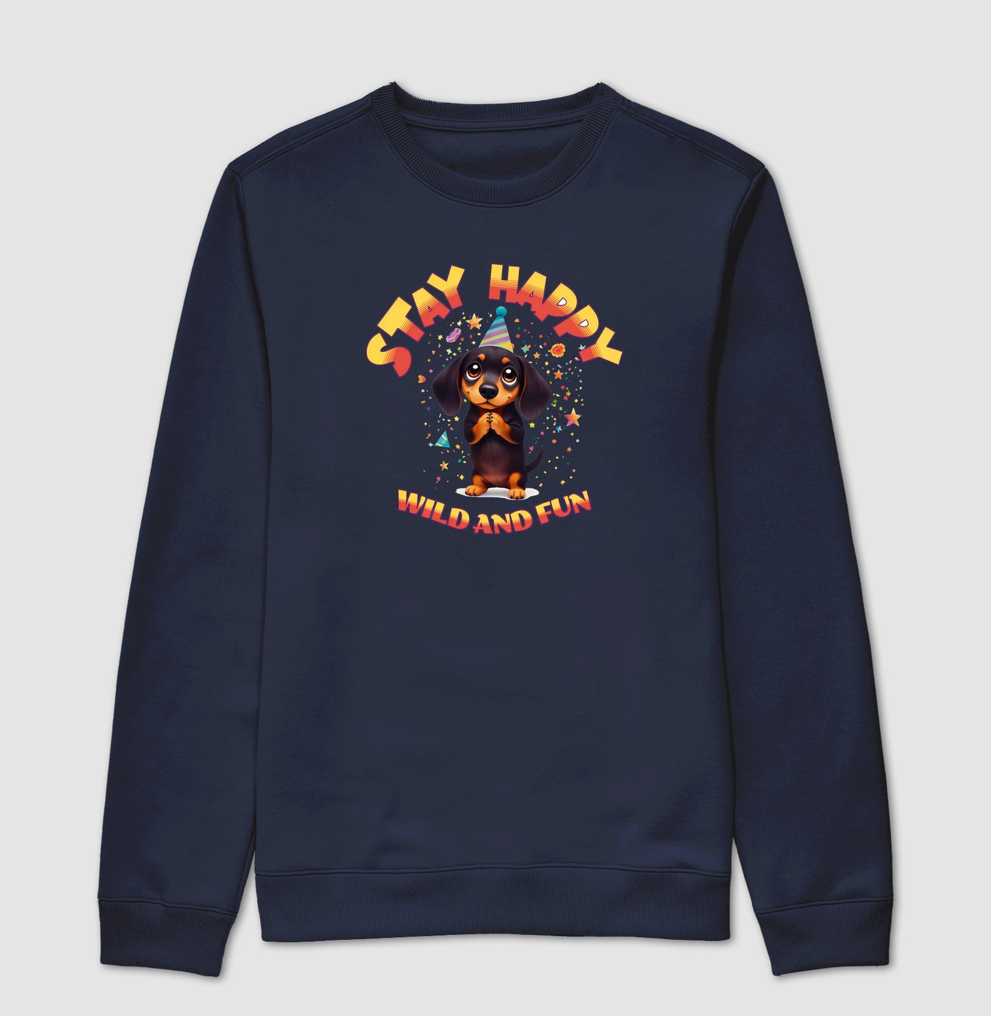 Suéter Moletom Dachshund Fofo Stay Happy Estampa Divertida de Cachorro com Visual Alegre