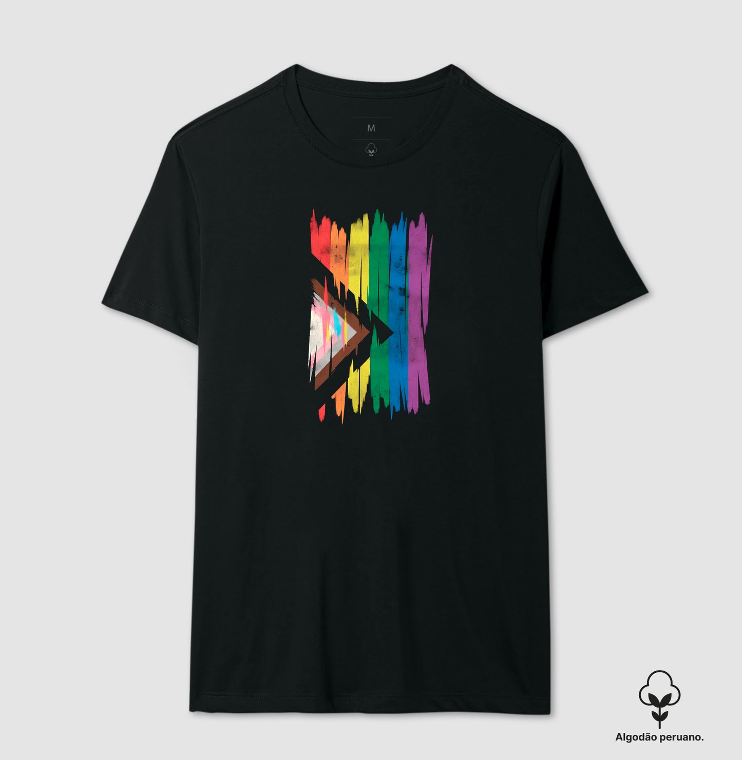 Camiseta Masculina Algodão Peruano Estampa Progress Pride Flag Artística – Estilo Pincelada