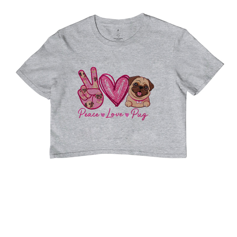 Cropped Peace Love Pug – Estampa Fofa de Pug, Glitter Rosa, Amor por Cachorros