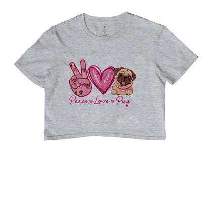 Cropped Peace Love Pug – Estampa Fofa de Pug, Glitter Rosa, Amor por Cachorros