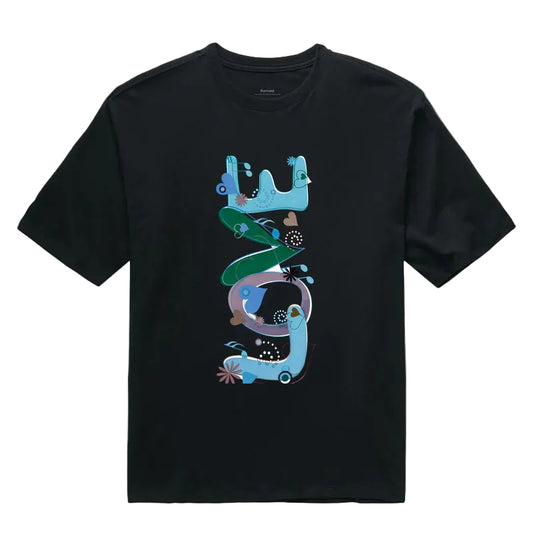 Camiseta Oversized  FUN Abstrata em Tons de Azul e Verde – Arte Moderna Criativa em Estilo Orgânico