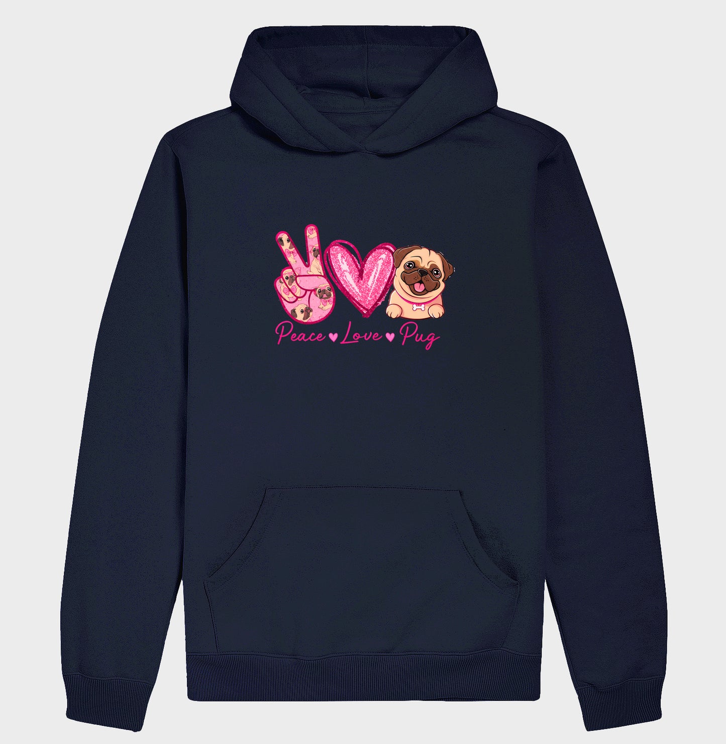 Moletom Hoodie Peace Love Pug Estampa Fofa de Pug Glitter Rosa Amor por Cachorros
