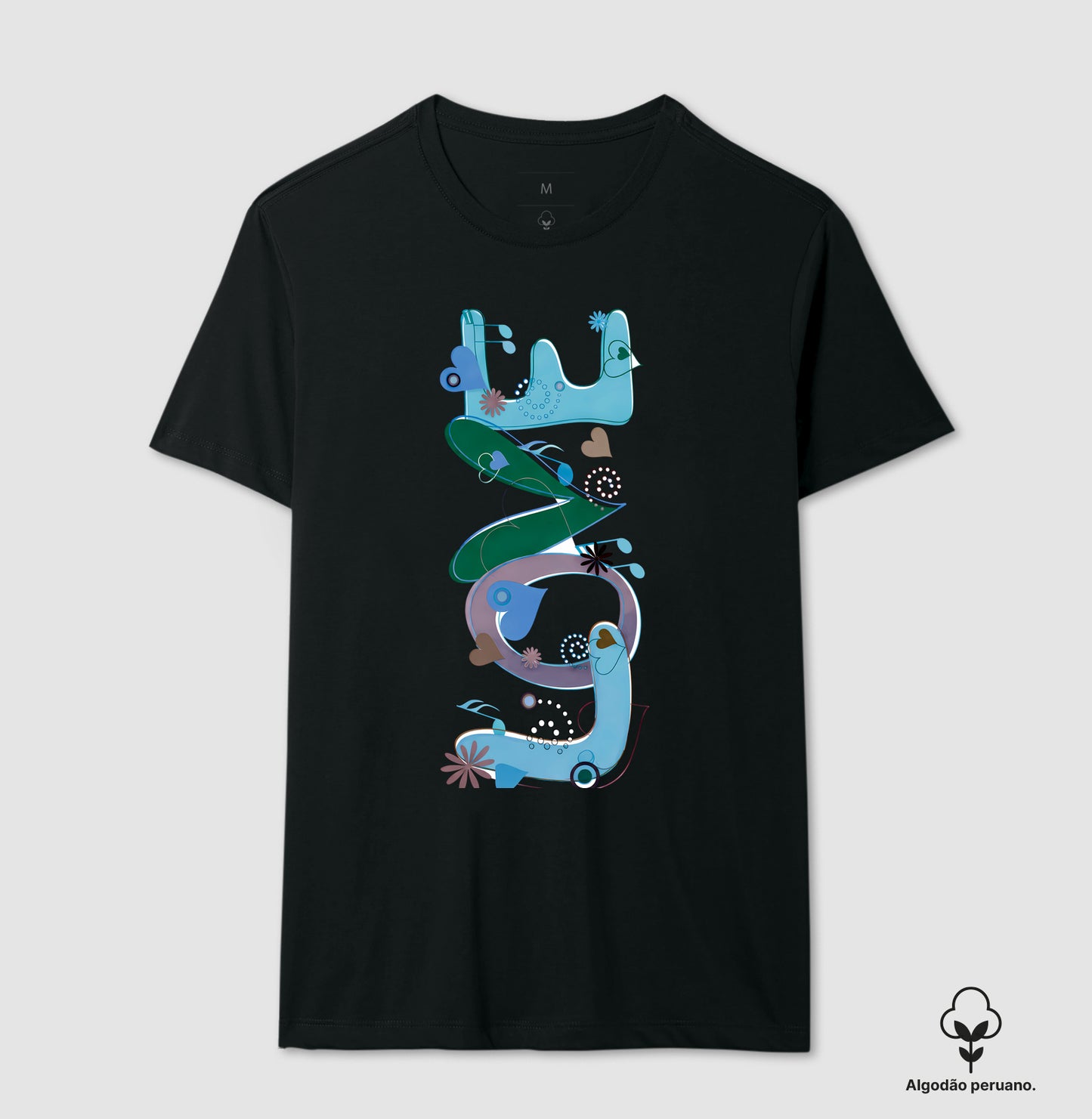 Camiseta Algodão Peruano  FUN Abstrata em Tons de Azul e Verde – Arte Moderna Criativa em Estilo Orgânico