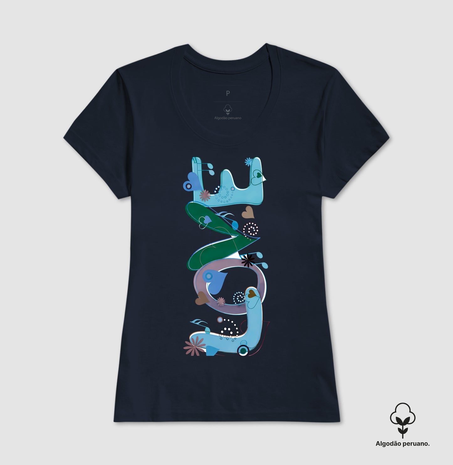 Camiseta Algodão Peruano  FUN Abstrata em Tons de Azul e Verde – Arte Moderna Criativa em Estilo Orgânico