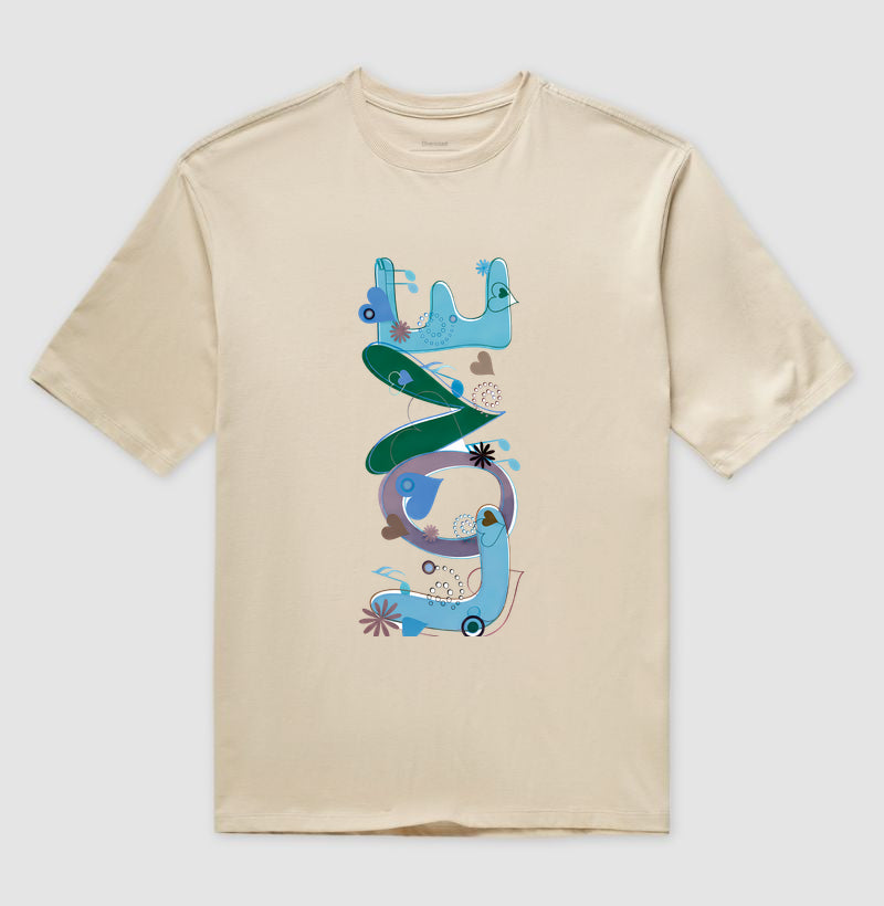 Camiseta Oversized  FUN Abstrata em Tons de Azul e Verde Arte Moderna Criativa