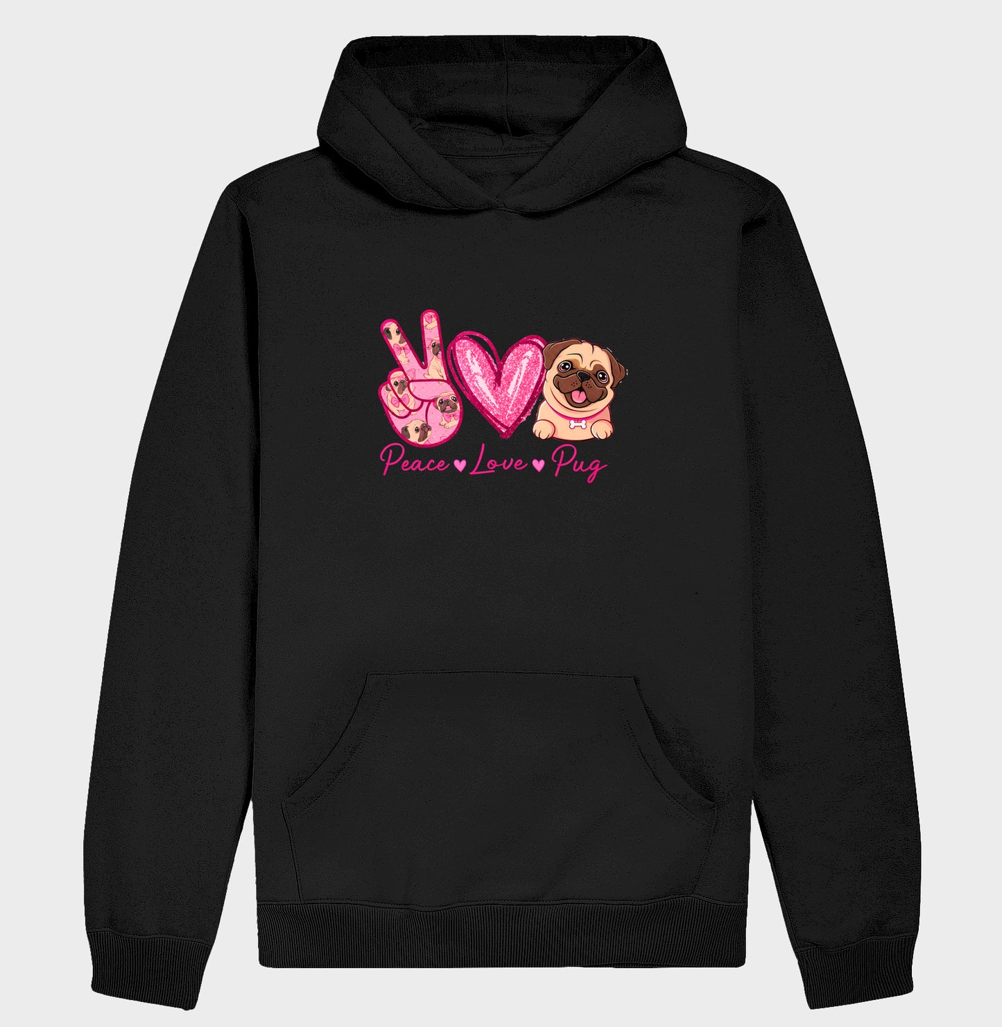 Moletom Hoodie Peace Love Pug Estampa Fofa de Pug Glitter Rosa Amor por Cachorros