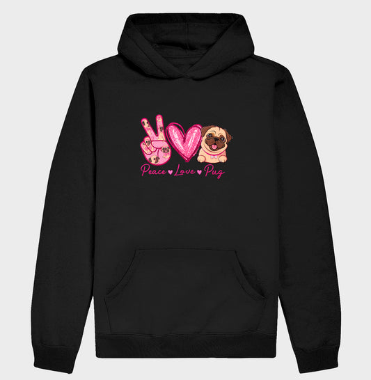 Moletom Hoodie Peace Love Pug – Estampa Fofa de Pug, Glitter Rosa, Amor por Cachorros