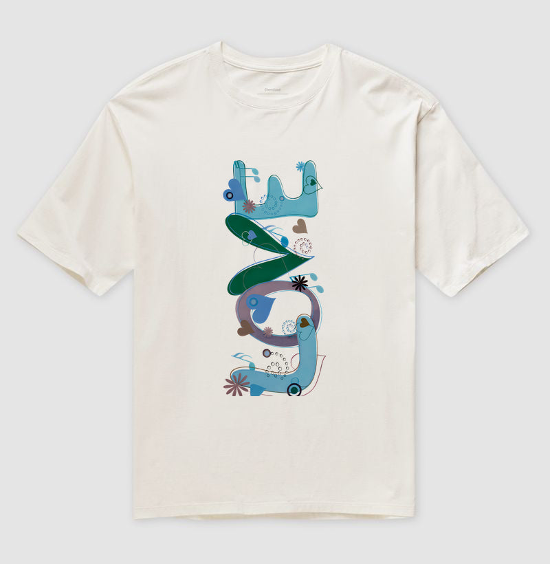Camiseta Oversized  FUN Abstrata em Tons de Azul e Verde Arte Moderna Criativa