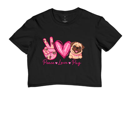 Cropped Peace Love Pug – Estampa Fofa de Pug, Glitter Rosa, Amor por Cachorros