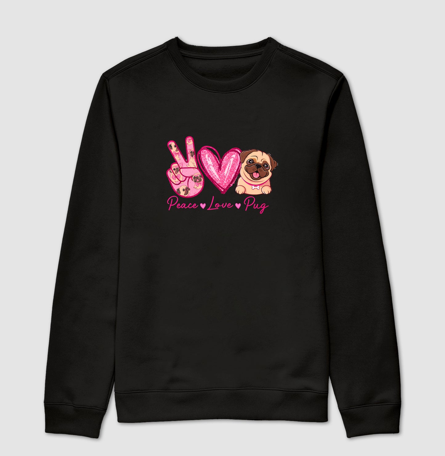 Suéter Moletom Peace Love Pug  Estampa Fofa de Pug Glitter Rosa Amor por Cachorros
