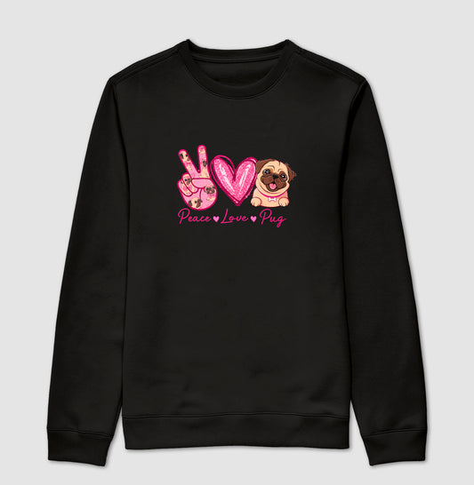 Suéter Moletom Peace Love Pug – Estampa Fofa de Pug, Glitter Rosa, Amor por Cachorros