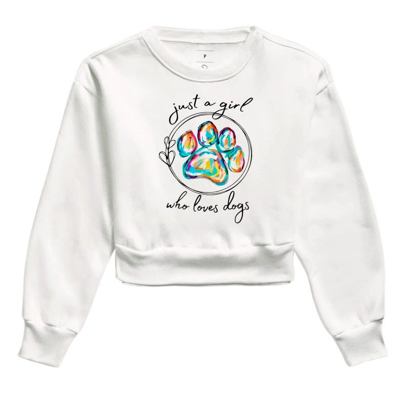 Cropped Moletom Just a Girl Who Loves Dogs  Estampa Patinha Colorida em Fundo Branco Amor por Cachorros