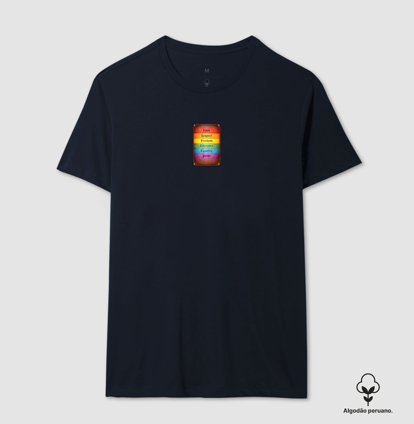 Camiseta Algodão Peruano Pride Vintage em Couro – Love, Respect, Freedom, Equality e Tolerance