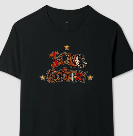 Camiseta Love Country Estilo Western – Arte Country com Bota, Laço e Chapéu