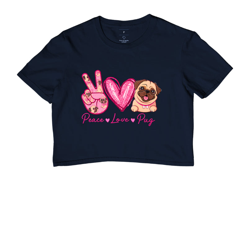 Cropped Peace Love Pug – Estampa Fofa de Pug, Glitter Rosa, Amor por Cachorros