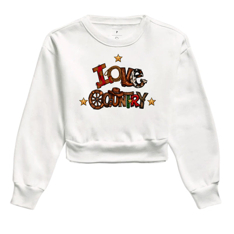 Cropped Moletom Love Country Estilo Western – Arte Country com Bota, Laço e Chapéu