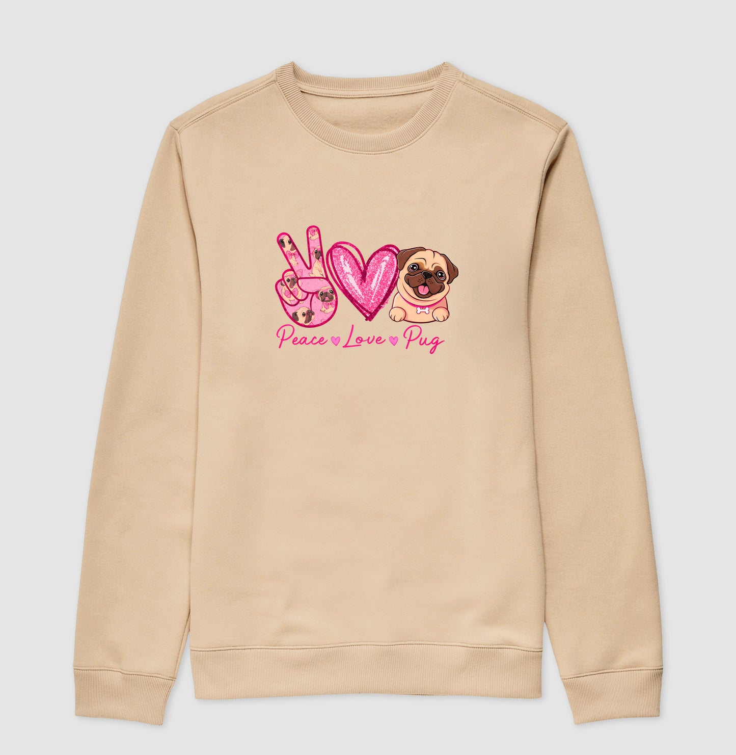 Suéter Moletom Peace Love Pug  Estampa Fofa de Pug Glitter Rosa Amor por Cachorros