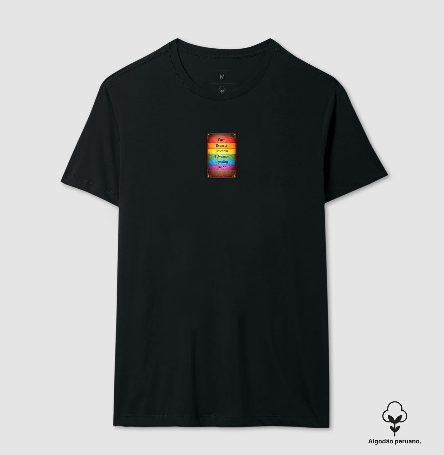 Camiseta Algodão Peruano Pride Vintage em Couro – Love, Respect, Freedom, Equality e Tolerance