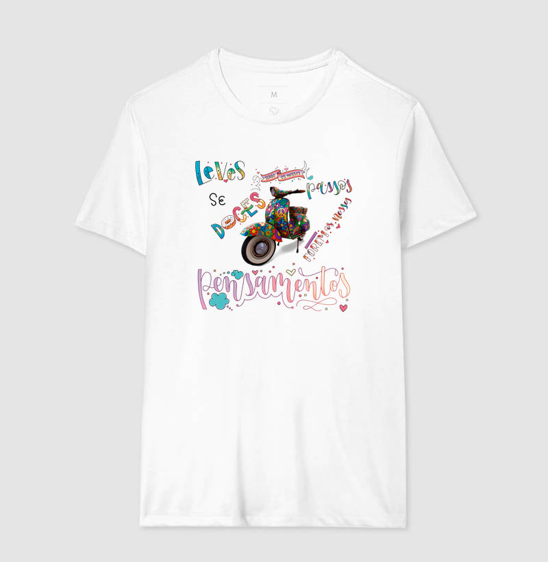 Camiseta Leves Serão os Nossos Passos Estampa Vespa Psicodélica Pensamentos