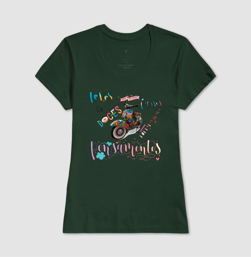 Camiseta Leves Serão os Nossos Passos Estampa Vespa Psicodélica Pensamentos