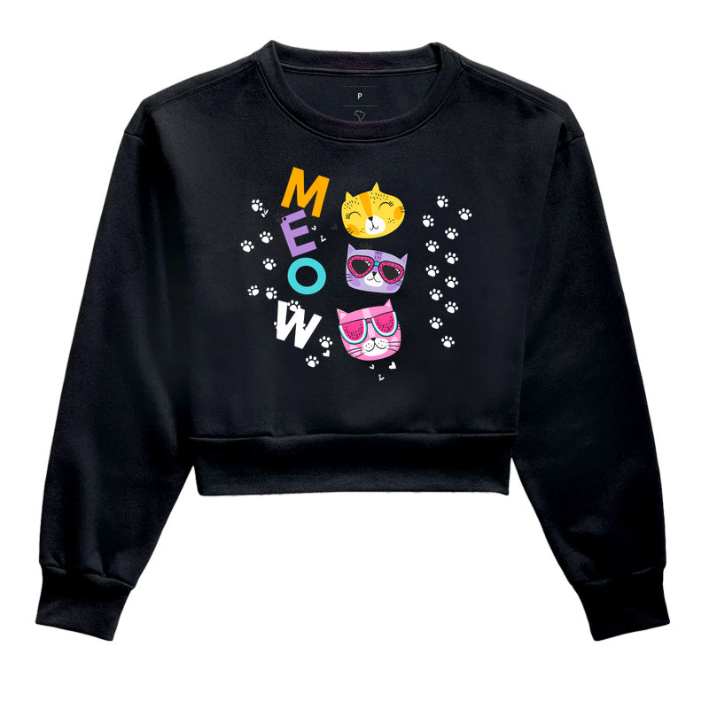 Cropped Moletom Feminino Meow Gatinhos Coloridos Estampa Cute e Divertida
