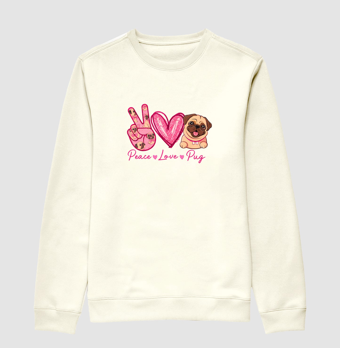 Suéter Moletom Peace Love Pug  Estampa Fofa de Pug Glitter Rosa Amor por Cachorros