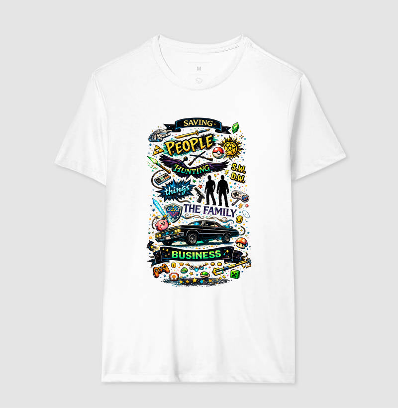 Camiseta Geek Saving People Hunting Things – Estampa Nerd Cultura Pop, Séries, Games e Família