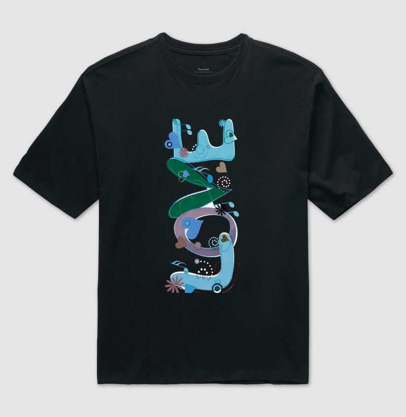 Camiseta Oversized  FUN Abstrata em Tons de Azul e Verde Arte Moderna Criativa