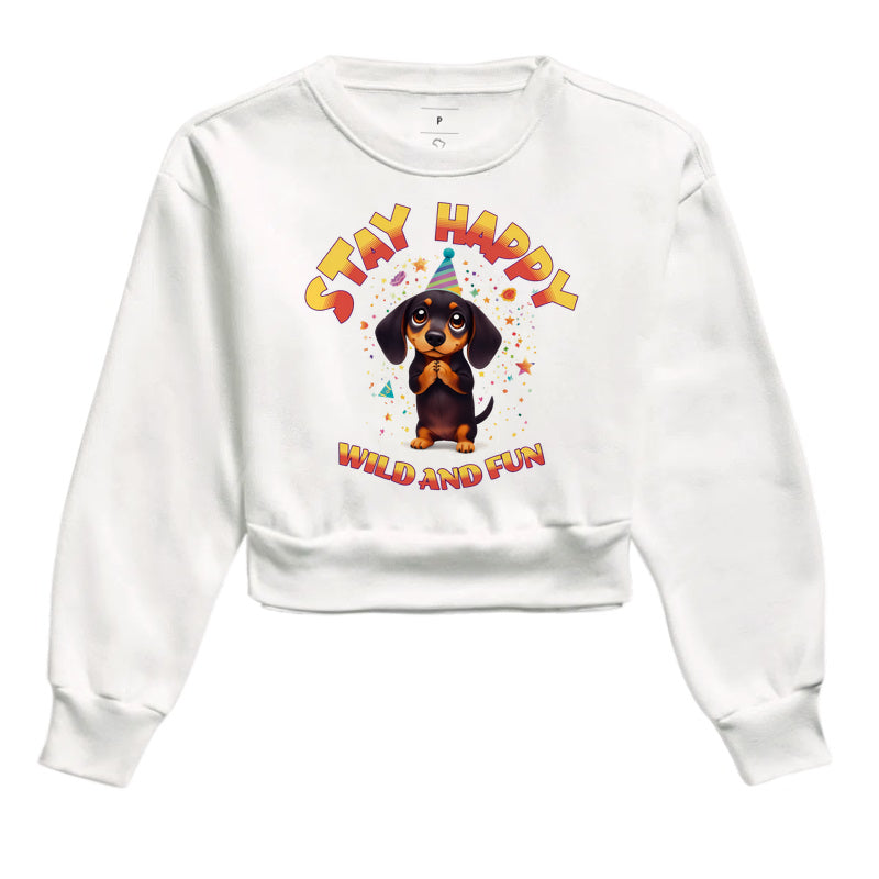 Cropped Moletom Dachshund Fofo Stay Happy Estampa de Cachorro com Visual Colorido