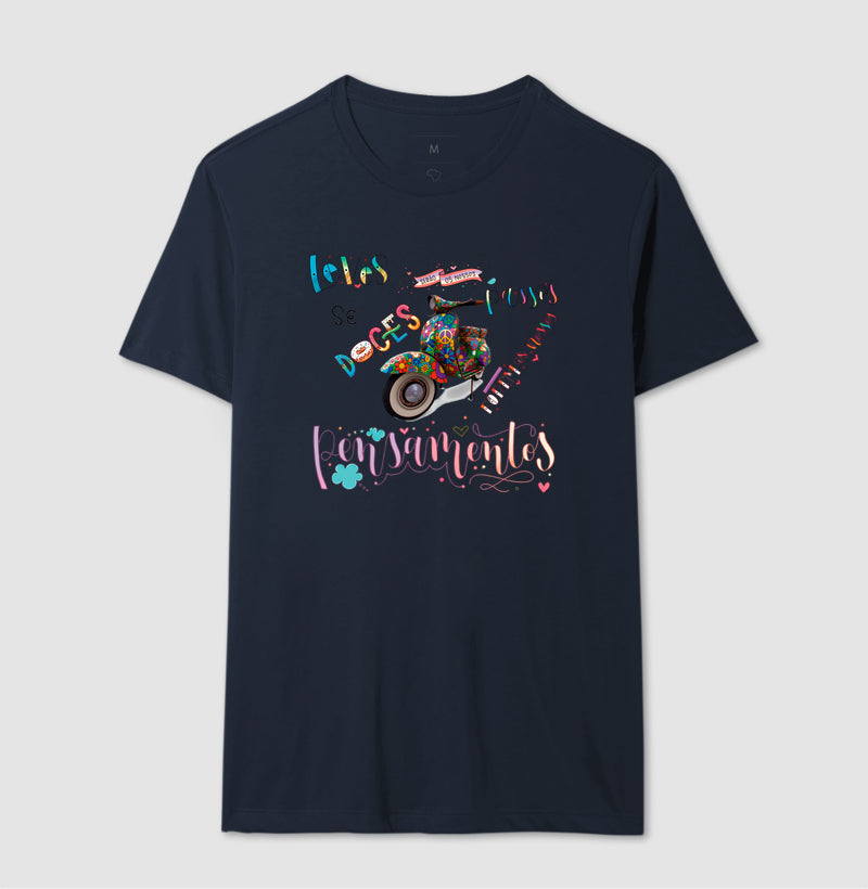 Camiseta Leves Serão os Nossos Passos Estampa Vespa Psicodélica Pensamentos