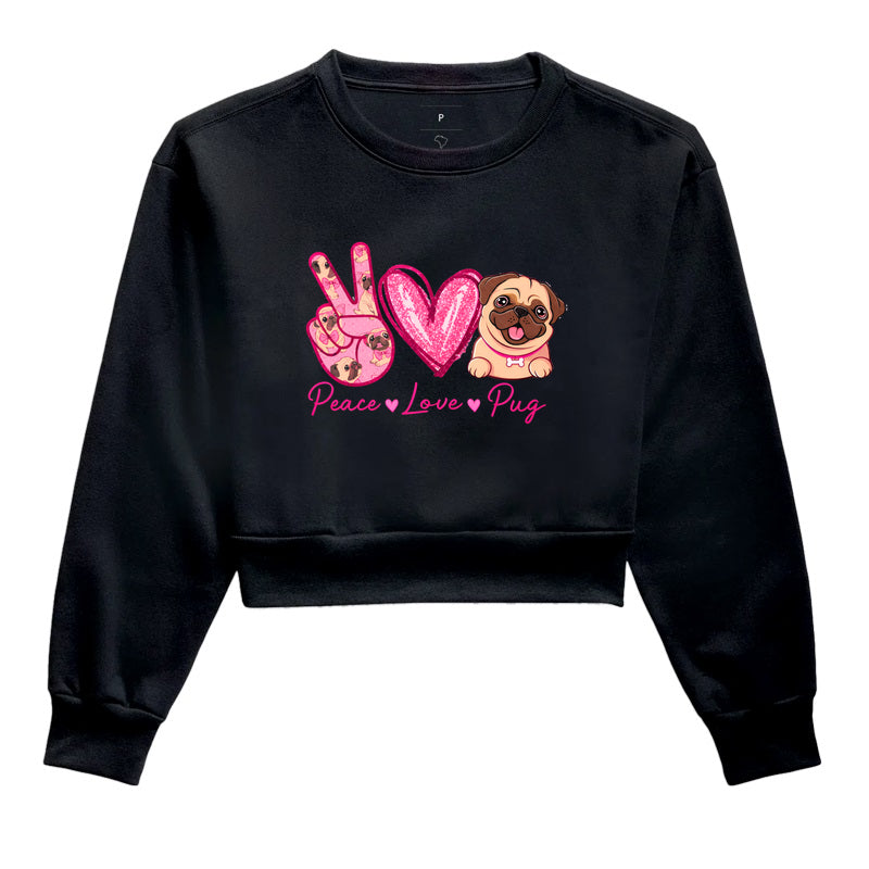 Cropped Moletom Peace Love Pug – Estampa Fofa de Pug, Glitter Rosa, Amor por Cachorros