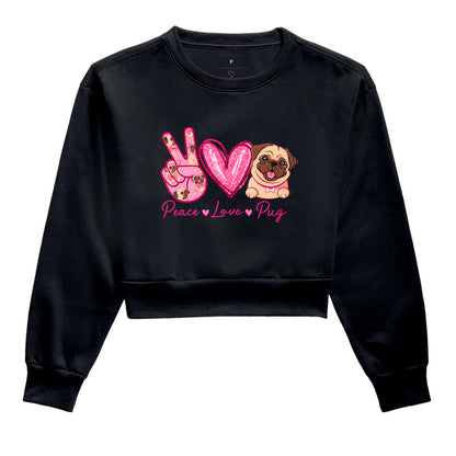Cropped Moletom Peace Love Pug – Estampa Fofa de Pug, Glitter Rosa, Amor por Cachorros