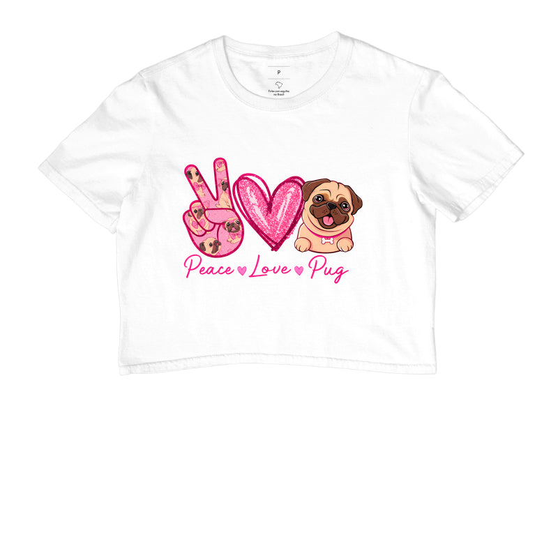 Cropped Peace Love Pug – Estampa Fofa de Pug, Glitter Rosa, Amor por Cachorros