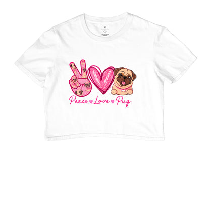 Cropped Peace Love Pug – Estampa Fofa de Pug, Glitter Rosa, Amor por Cachorros