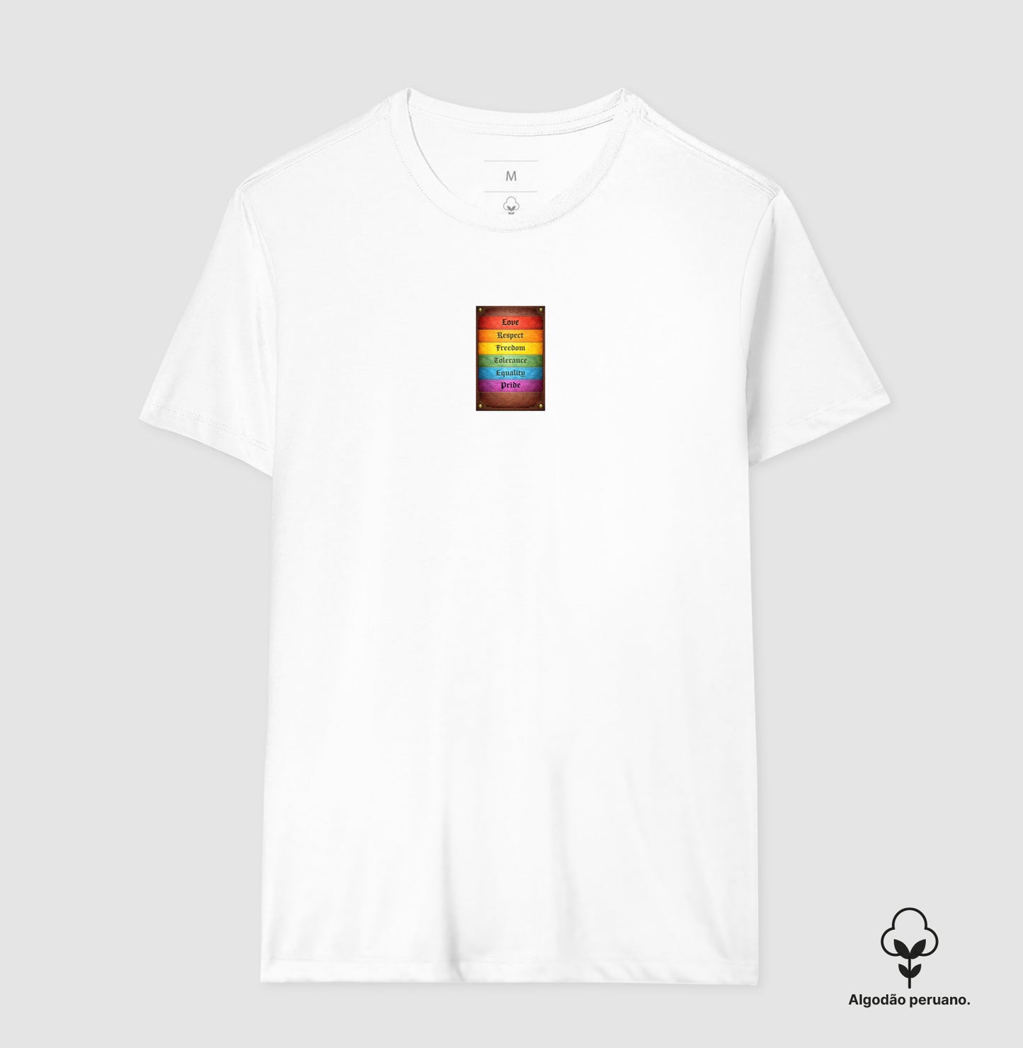 Camiseta Algodão Peruano Pride Vintage em Couro – Love, Respect, Freedom, Equality e Tolerance