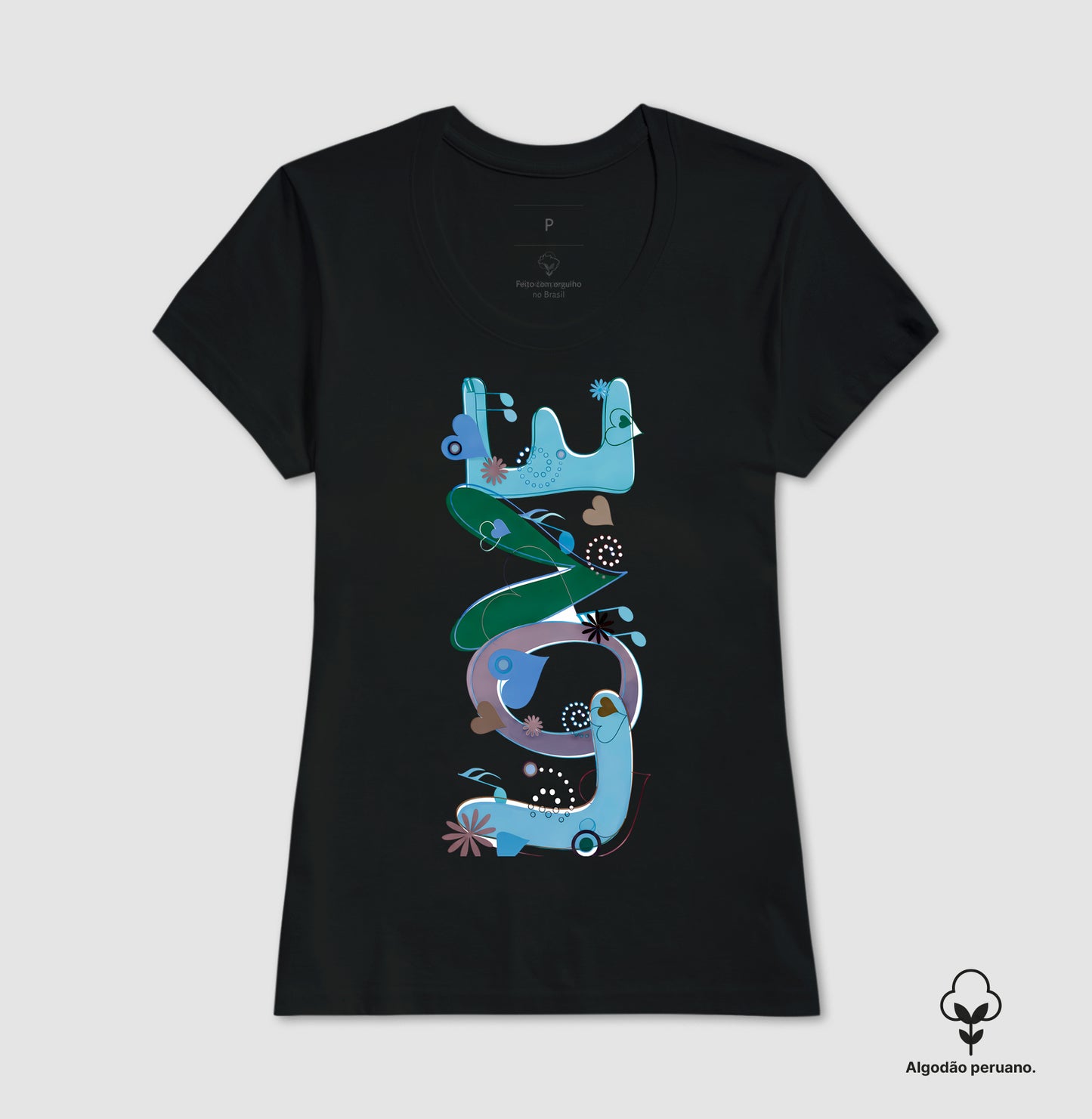 Camiseta Algodão Peruano  FUN Abstrata em Tons de Azul e Verde – Arte Moderna Criativa em Estilo Orgânico