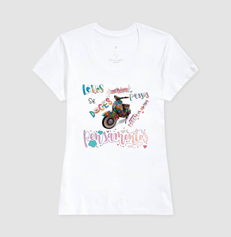 Camiseta Leves Serão os Nossos Passos Estampa Vespa Psicodélica Pensamentos