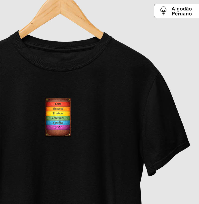 Camiseta Algodão Peruano Pride Vintage em Couro – Love, Respect, Freedom, Equality e Tolerance