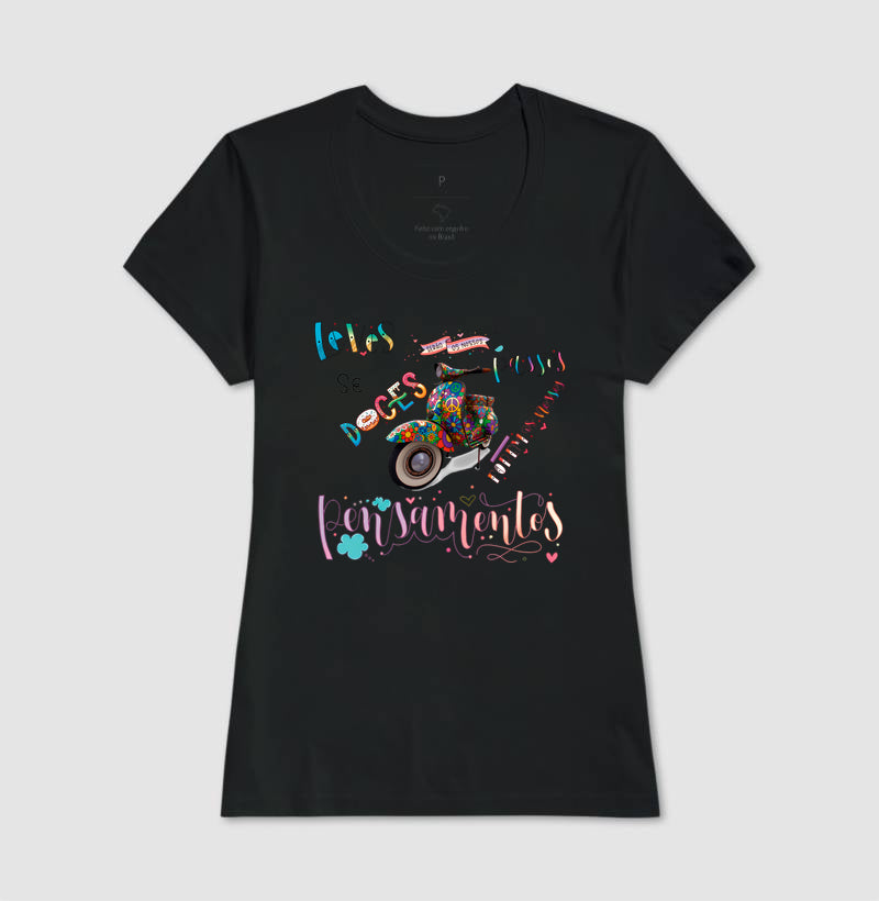 Camiseta Leves Serão os Nossos Passos Estampa Vespa Psicodélica Pensamentos