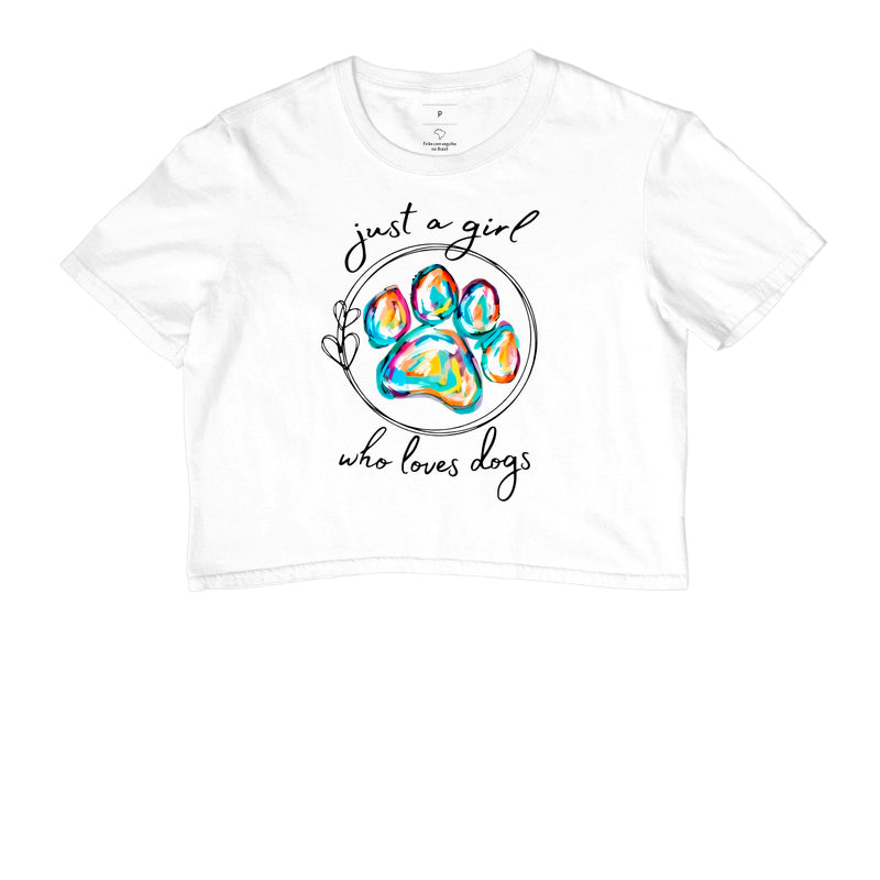 Cropped Just a Girl Who Loves Dogs Estampa Patinha Colorida em Fundo Branco Amor por Cachorros