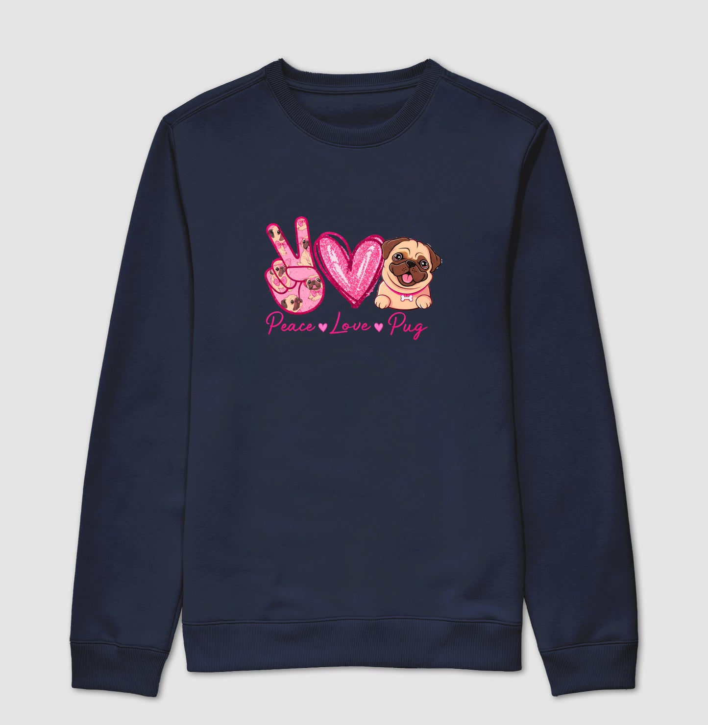 Suéter Moletom Peace Love Pug  Estampa Fofa de Pug Glitter Rosa Amor por Cachorros