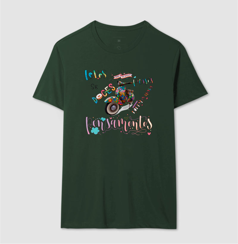 Camiseta Leves Serão os Nossos Passos Estampa Vespa Psicodélica Pensamentos