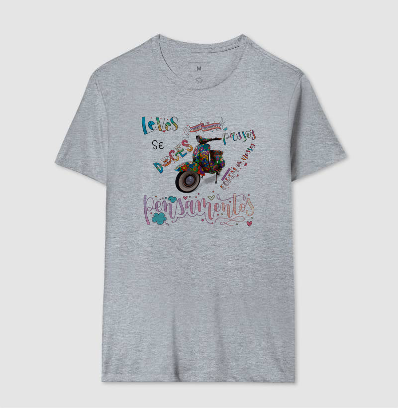 Camiseta Leves Serão os Nossos Passos Estampa Vespa Psicodélica Pensamentos