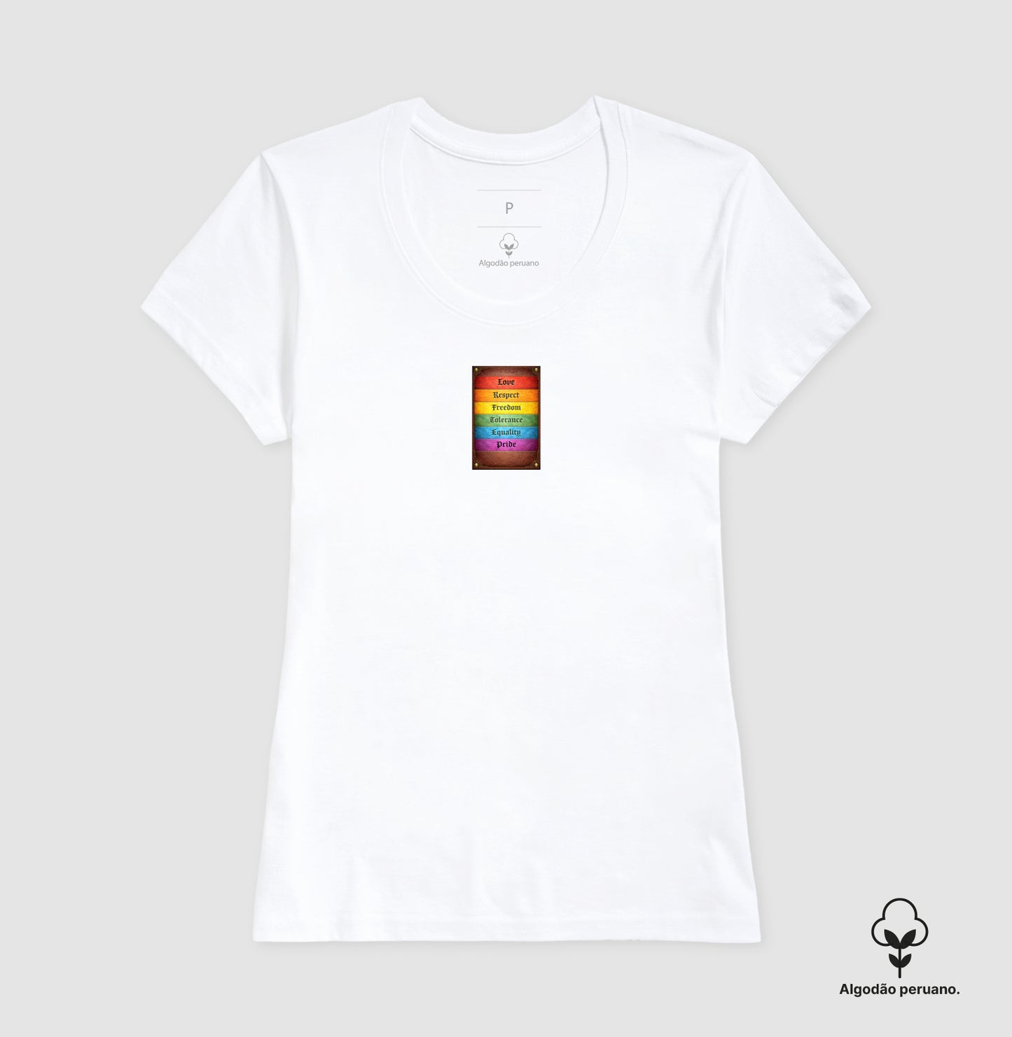 Camiseta Algodão Peruano Pride Vintage em Couro – Love, Respect, Freedom, Equality e Tolerance