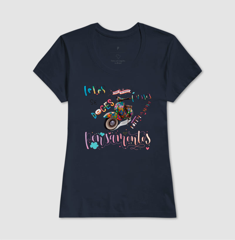 Camiseta Leves Serão os Nossos Passos Estampa Vespa Psicodélica Pensamentos