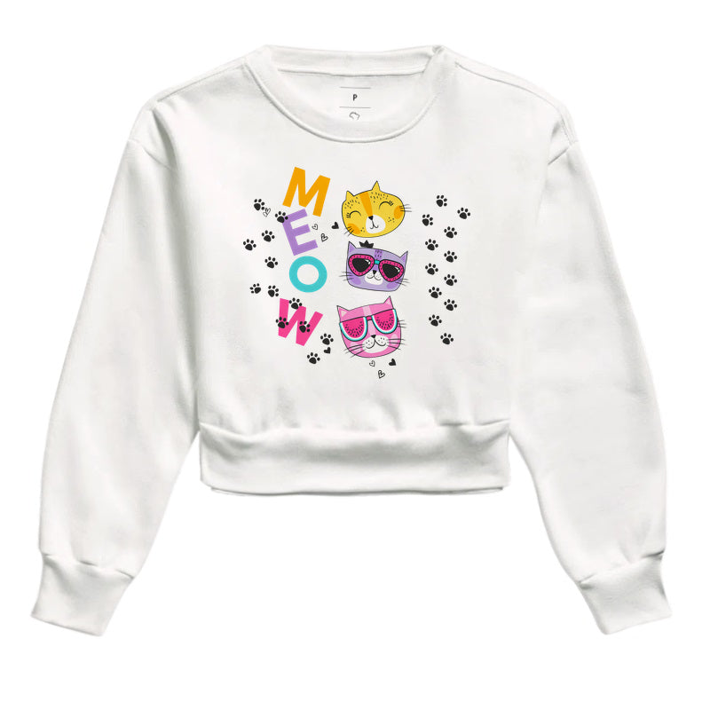 Cropped Moletom Feminino Meow Gatinhos Coloridos Estampa Cute e Divertida