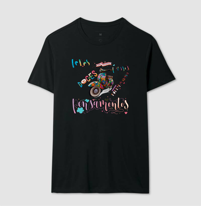 Camiseta Leves Serão os Nossos Passos Estampa Vespa Psicodélica Pensamentos